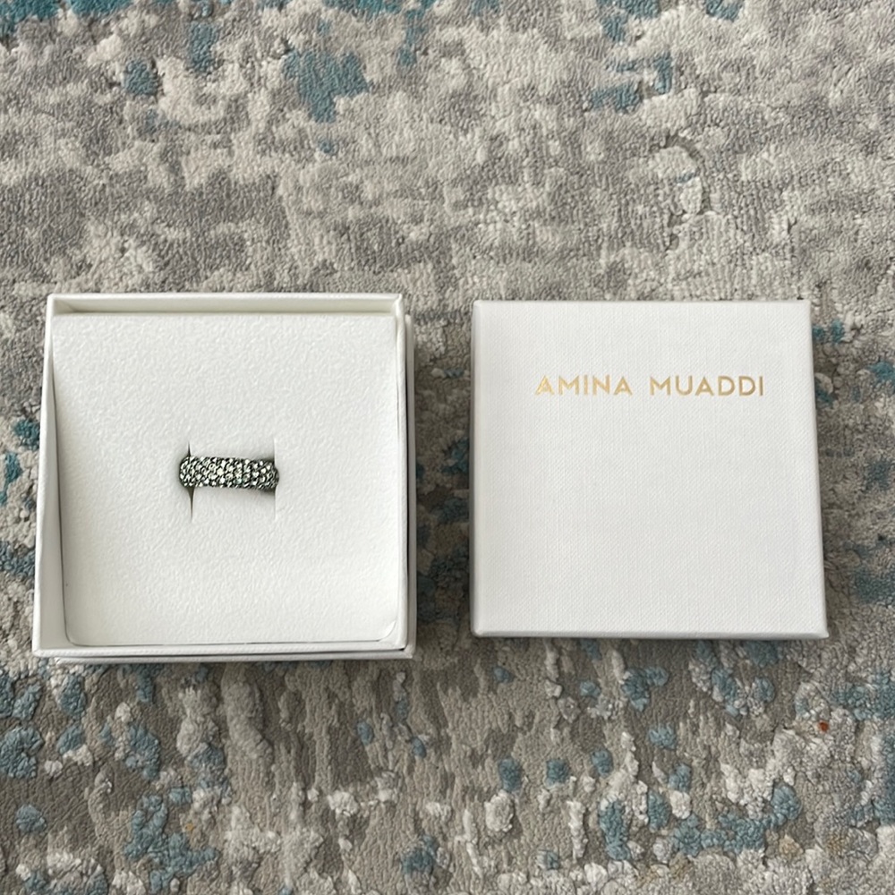 New in box Amina Muaddi Cameron Ring CHRYSOLITE CRYSTALS ANTIQUE SB, Size 52